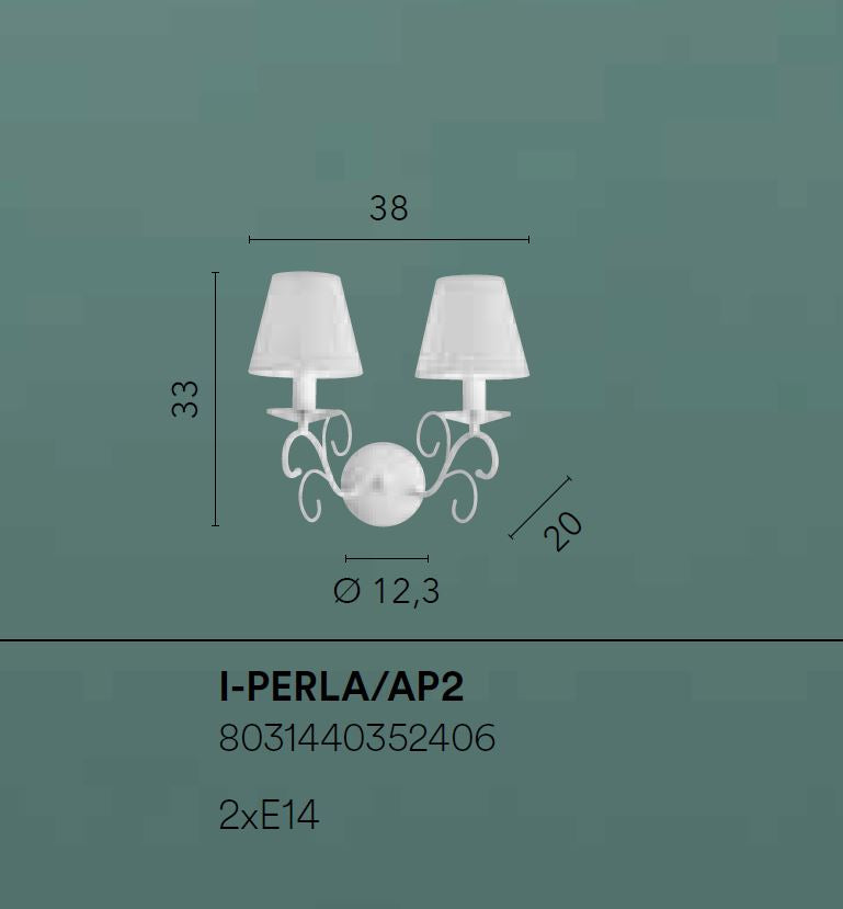 Applique 2 luci metallo bianco cristalli K9 paralumi lavorati bianchi 2XE14 non incl. PERLA Applique 2 luci metallo bianco cristalli K9 paralumi lavorati bianchi 2XE14 non incl. PERLA